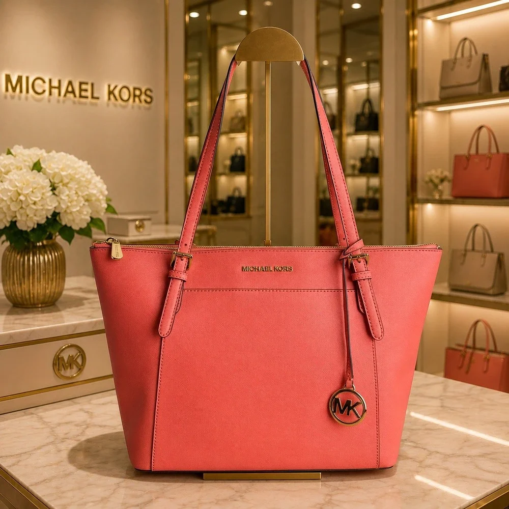 Michael Kors Ciara Large East West Top Zip Tote Saffiano Leather Coral Pink